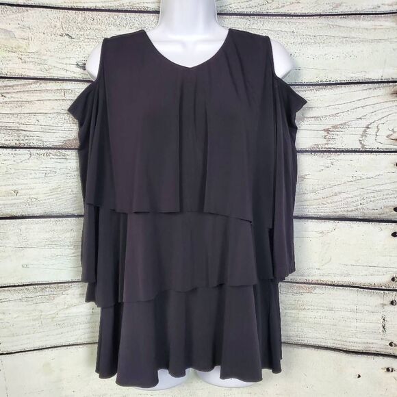 Susan Graver Black Cold Shoulder Tiered Ruffle Tunic Top Size M - Picture 1 of 6